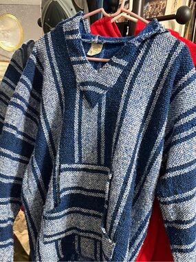 Blue Striped Baja Hoodie Poncho Surfer Hippie Pullover Unisex size Large (L)
